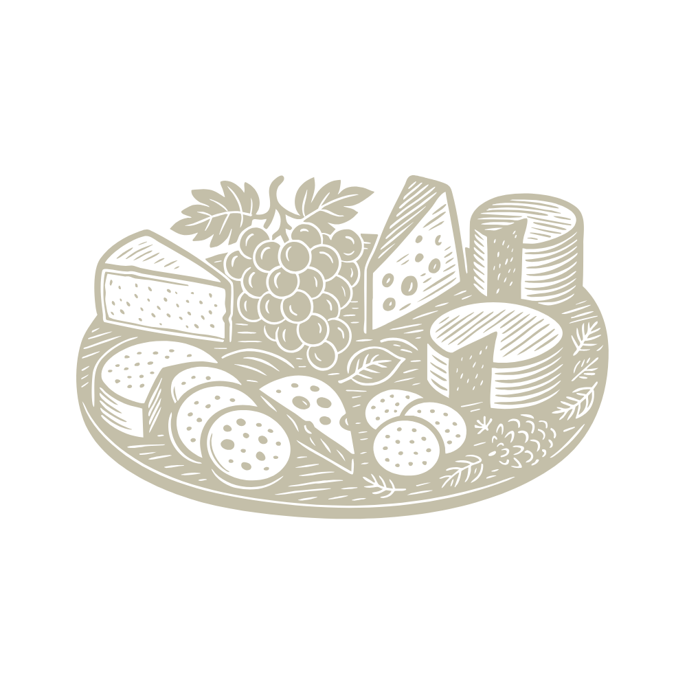 Illustration of a plate with various types of cheese and grapes on a white background