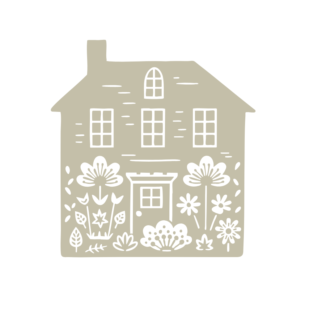 Decorative house silhouette with floral patterns on a beige background