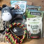 Dog Hamper, donkey tug toy and dog treats