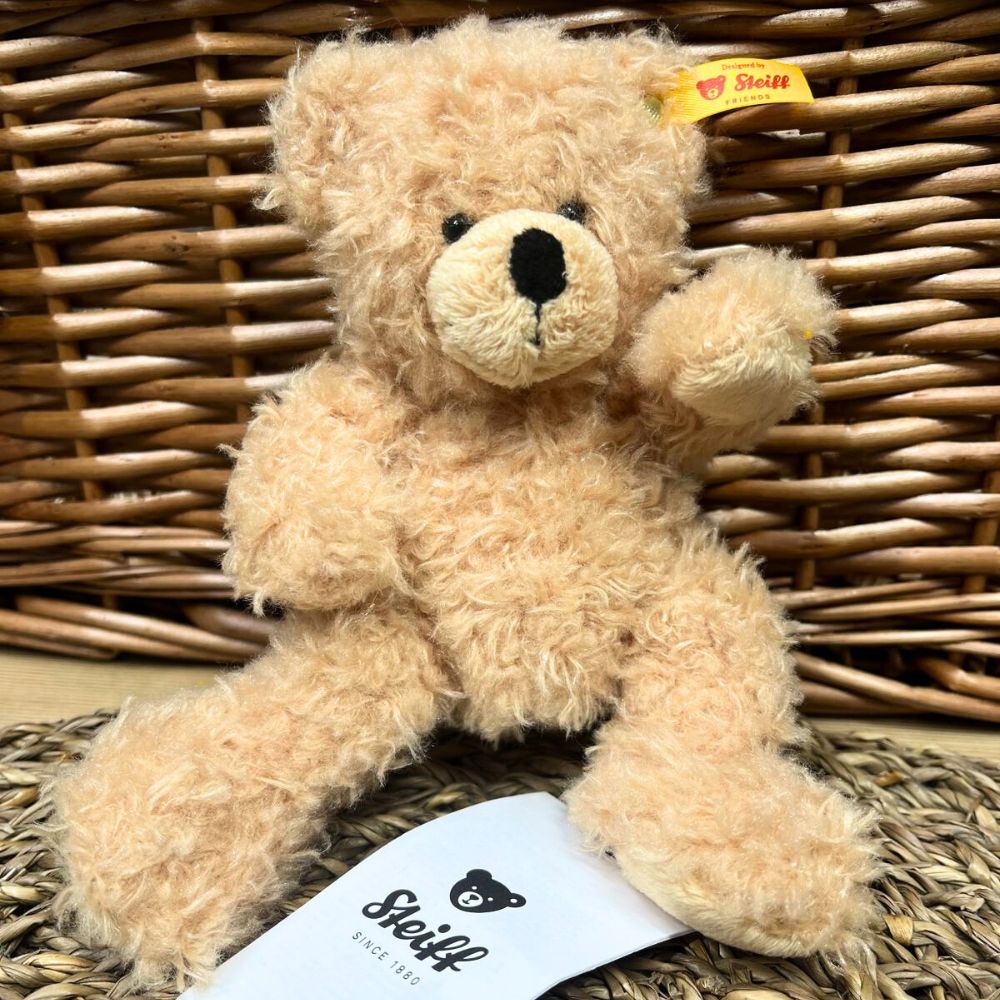 Beige teddy bear with a visible brand tag on a woven background